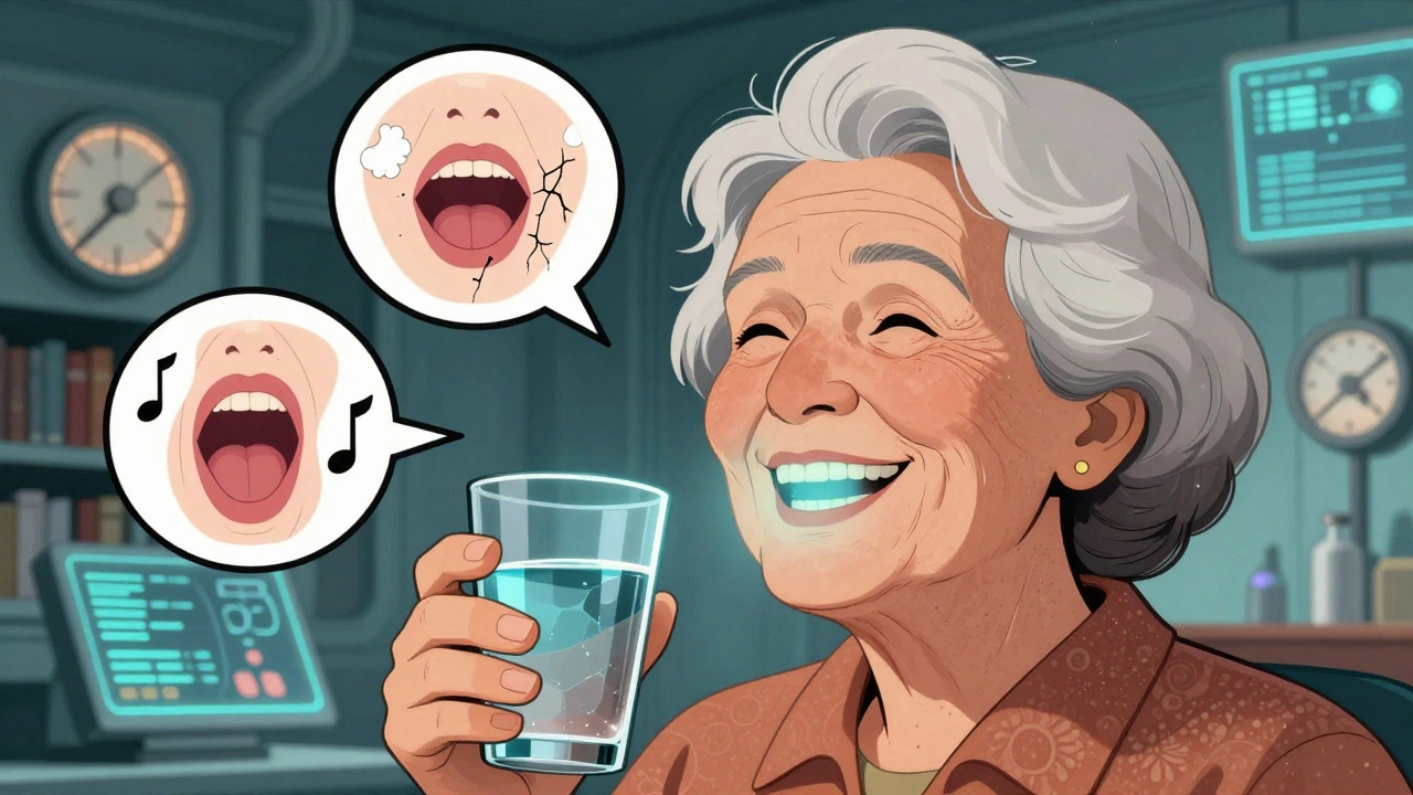 Elderly woman rinsing mouth with water, X-ray view showing healthy throat, thrush and hoarseness symbols fading away.