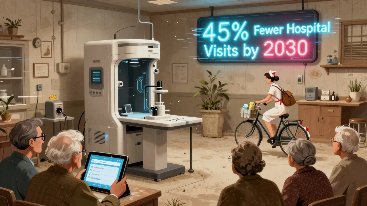 Empty high-tech health hub in rural village as seniors struggle with a broken tablet and a nurse rides away on a bicycle.