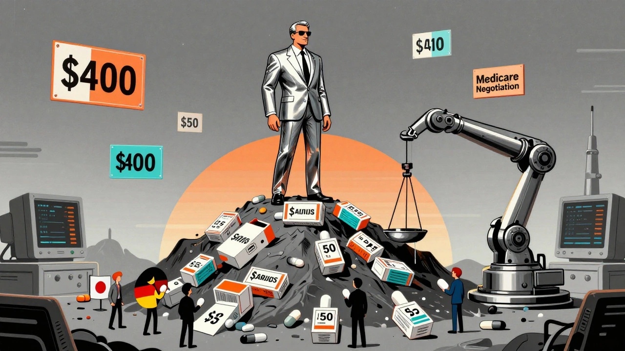 Executive on a mountain of expensive brand-name drugs, dwarfed by cheaper international versions.