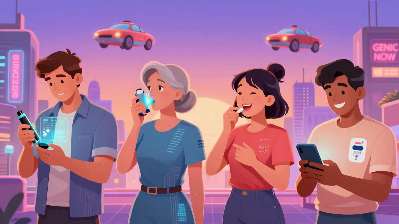 Four patients using simplified generic medical devices in a neon-lit retro-futuristic cityscape.