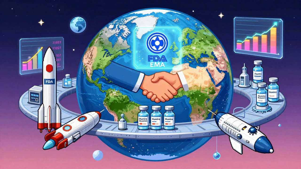 Global biosimilar hub where U.S. and Europe exchange vials under merged regulatory logos
