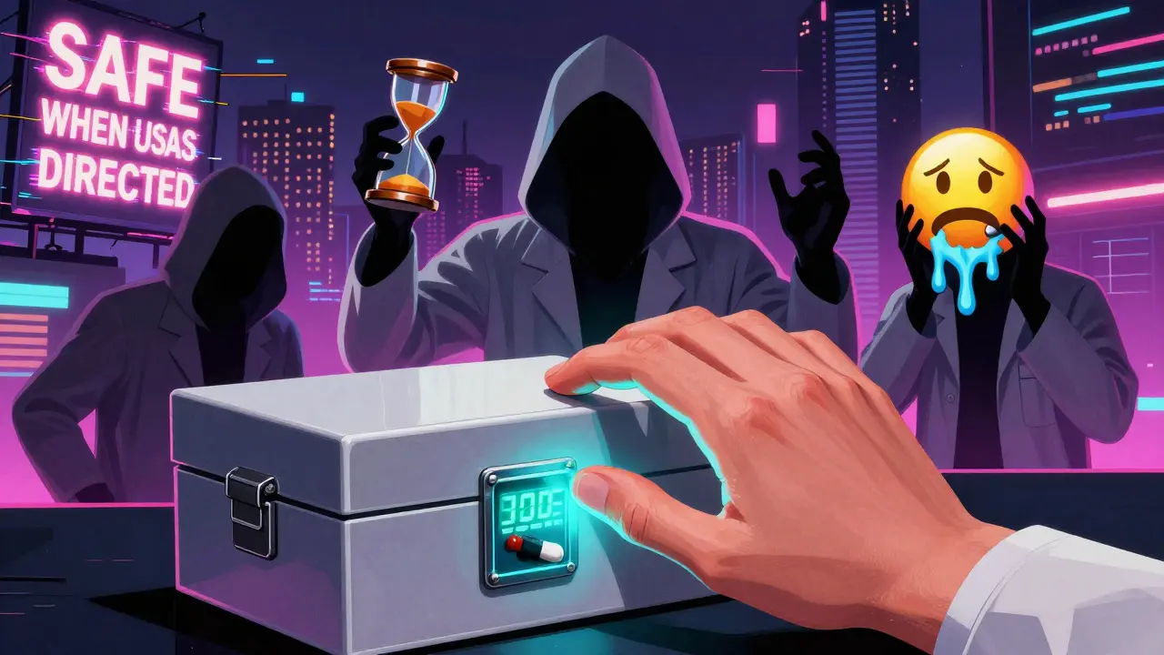 Hand reaching for a locked medicine box while shadowy figures of addiction loom behind in retro-futuristic city.
