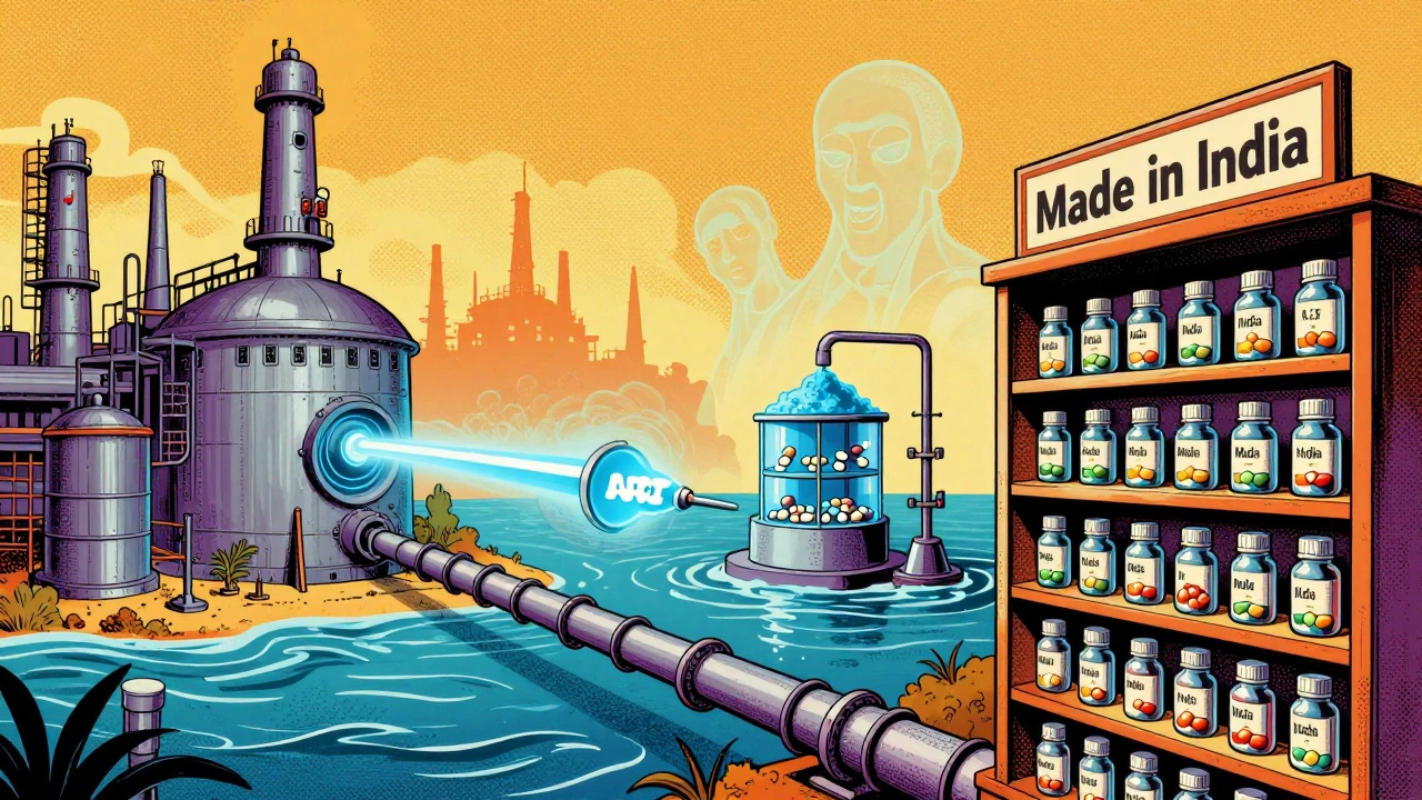 Illustrated global supply chain showing API flow from China to India to U.S. pharmacy with ghostly factory silhouettes.