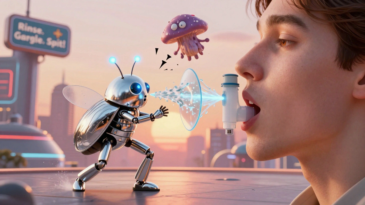 Inhaler and spacer as robotic beetles protecting mouth from fungus and voice damage in retro-futuristic style.