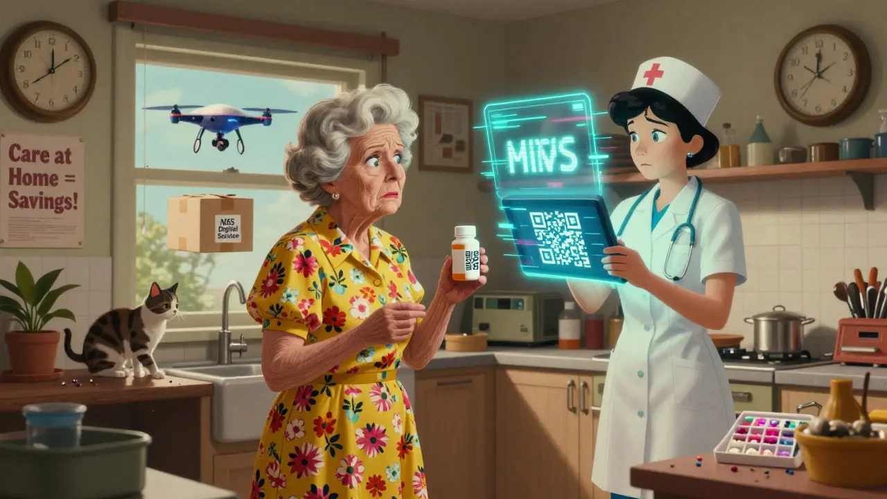 Older woman confused by a QR code on medicine bottle while a holographic nurse appears on a floating tablet.
