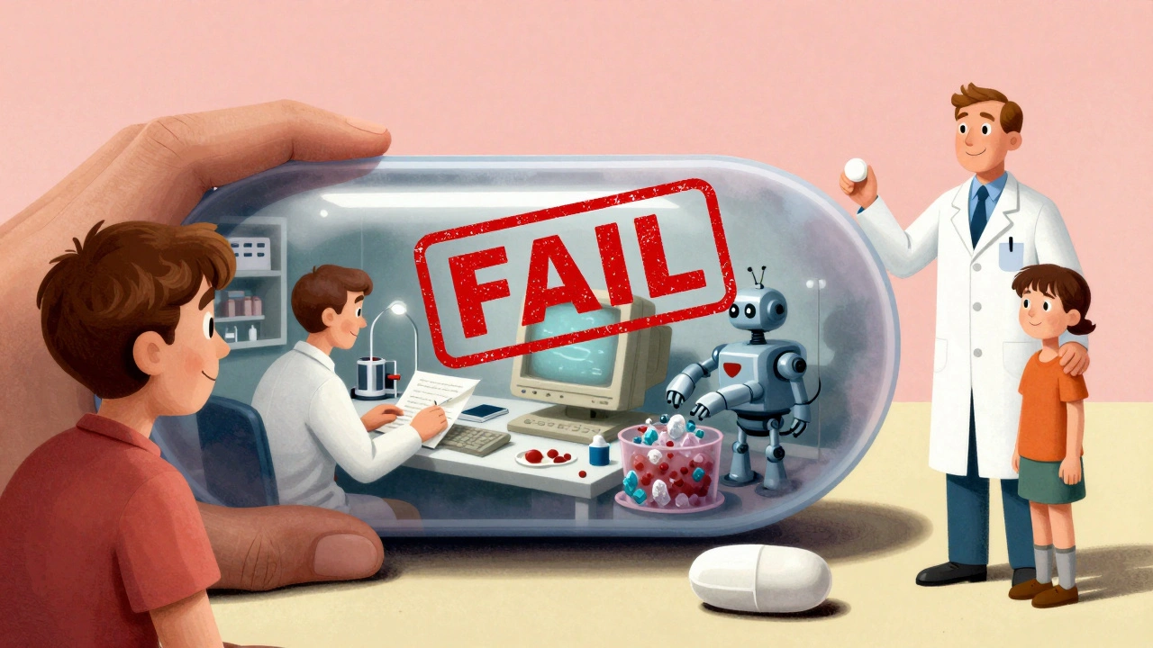 Patient holding a pill revealing a chaotic, falsified lab inside, contrasted with a calm outer world in vintage comic style.