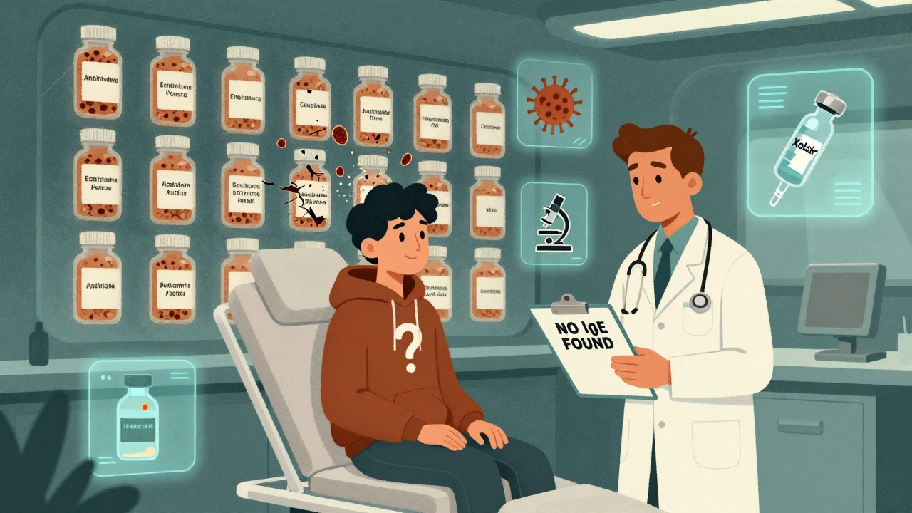 Patient in clinic surrounded by shattered antihistamine bottles releasing hives, with medical icons floating nearby.