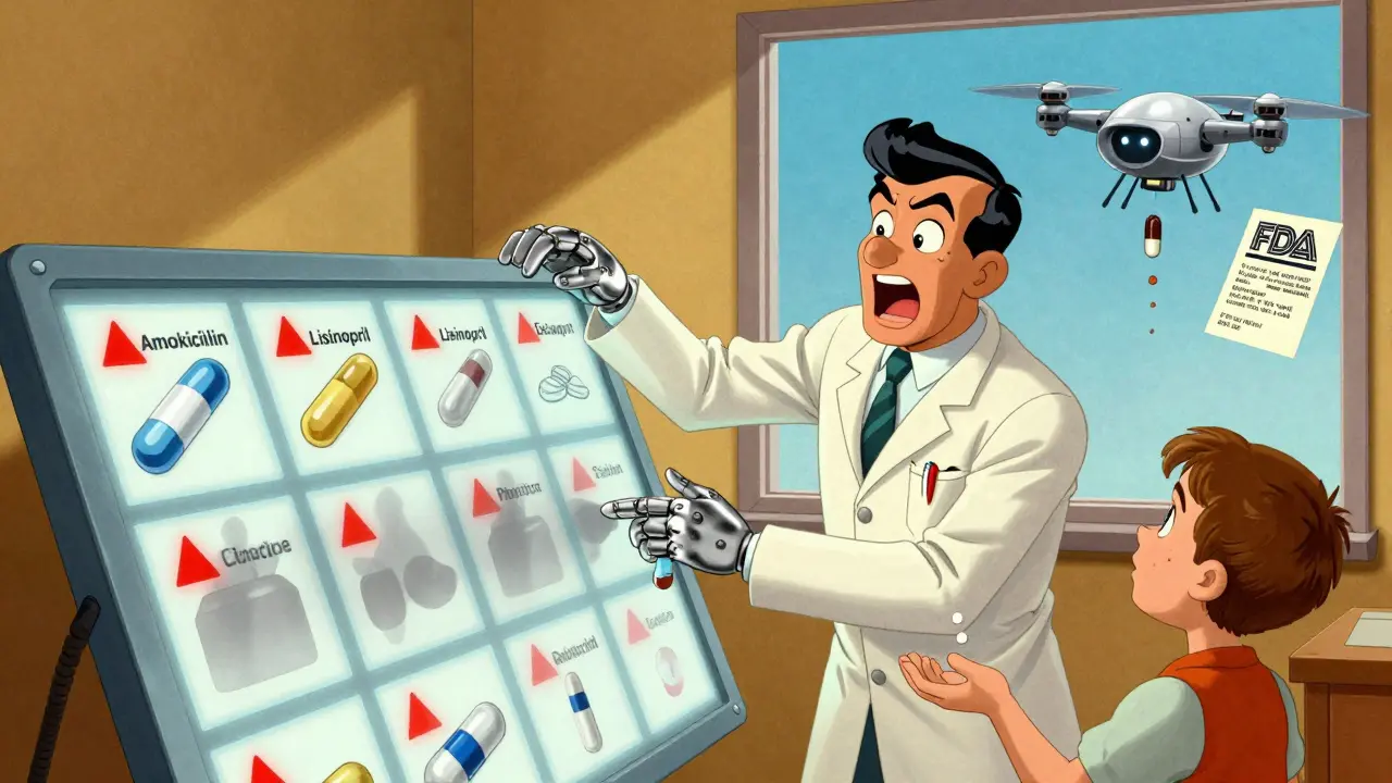 Pharmacist in 1960s chrome uniform flips through fading holographic drug catalog as warning triangles pulse around missing medications.