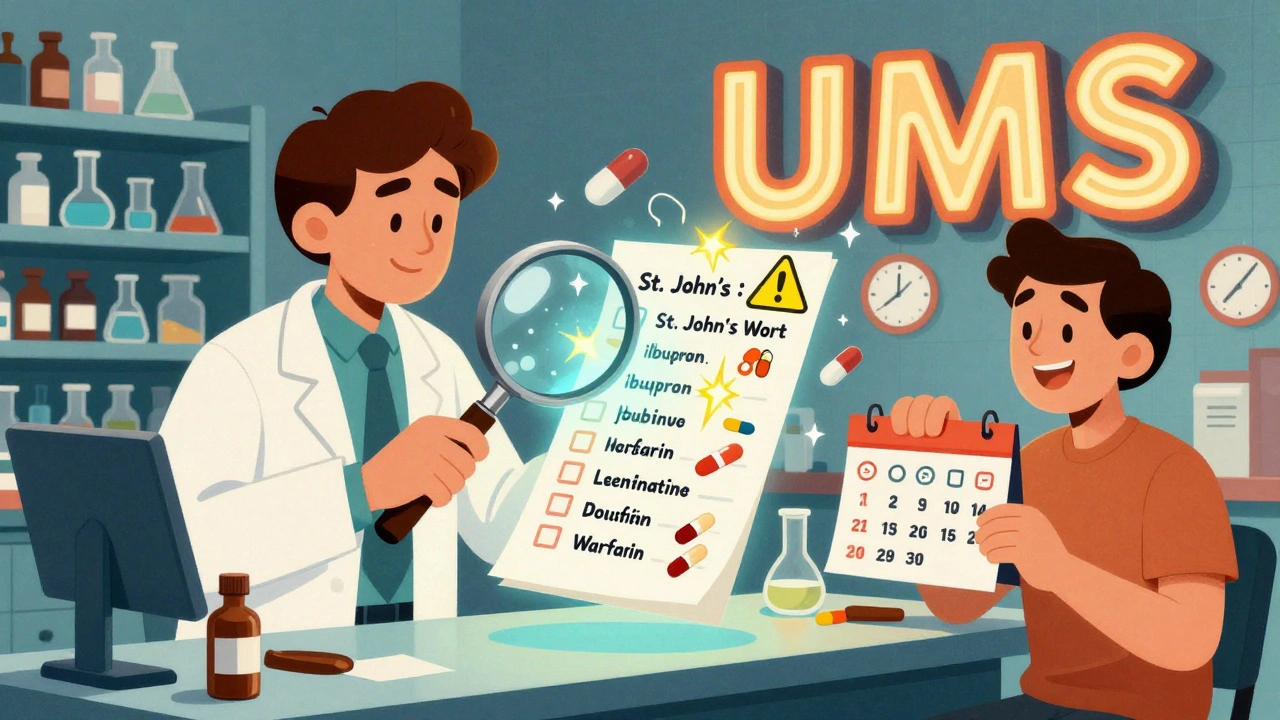 Pharmacist scanning a glowing medication list with warning sparks indicating dangerous drug interactions.
