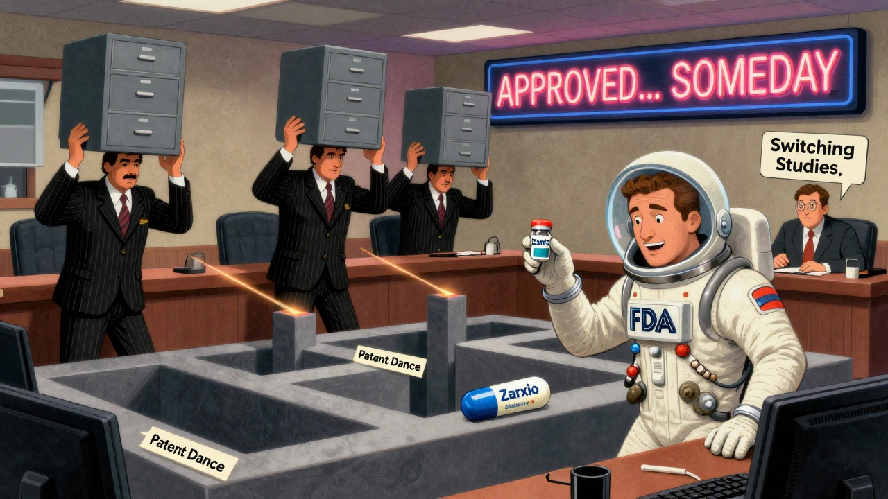 Retro-futuristic courtroom with patent lawyers blocking a biosimilar capsule release
