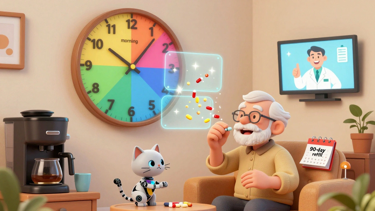 Senior taking pills beside a coffee maker with a color-coded 24-hour clock showing medication times.