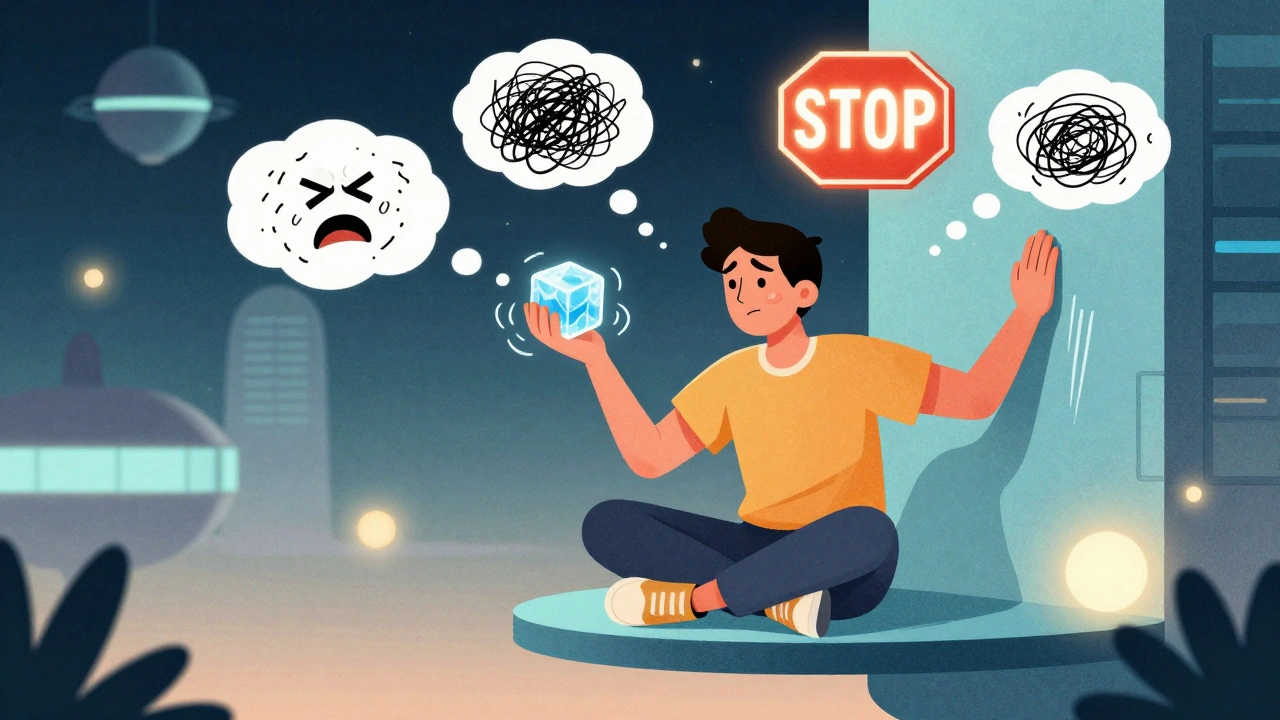 Someone meditates on a floating platform as chaotic thoughts swirl around them, using TIPP skills with ice and breath.