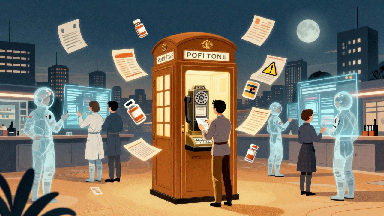 Someone submitting a medication error report through a glowing retro-futuristic terminal surrounded by floating medical documents.