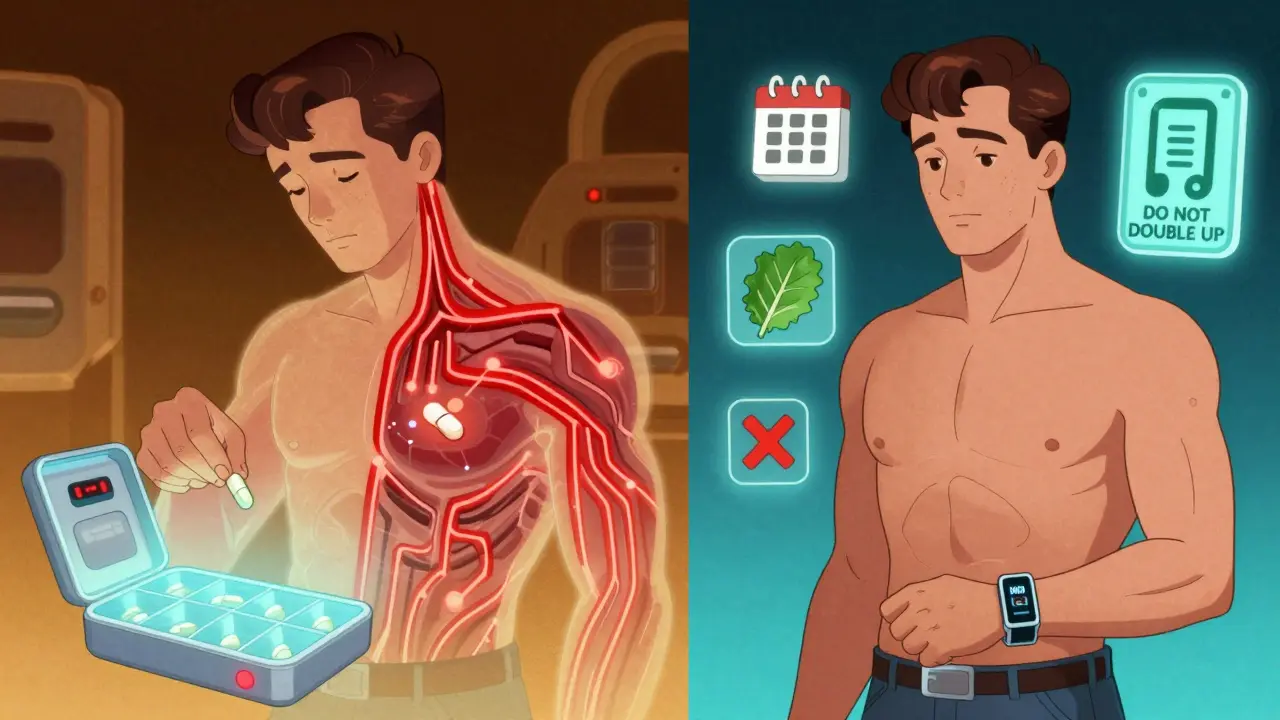 Split scene: one man overdosing with spreading red veins, another safe with a monitoring wristband and warning icons.