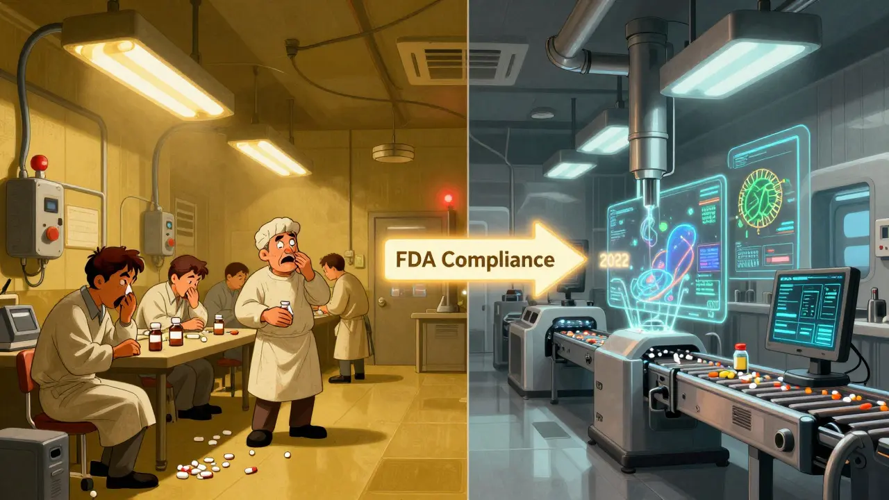 Split scene: outdated factory vs. modern cleanroom with FDA compliance arrow and digital monitoring.