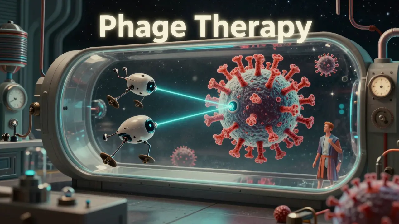 Tiny virus robots attack a superbug in a futuristic lab, with glowing machinery and cosmic background.