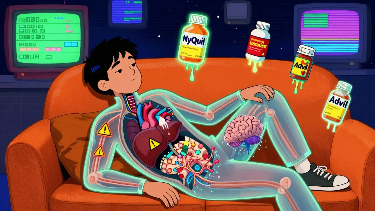 Transparent figure showing internal damage from OTC drug misuse, with floating pill bottles and digital overload.