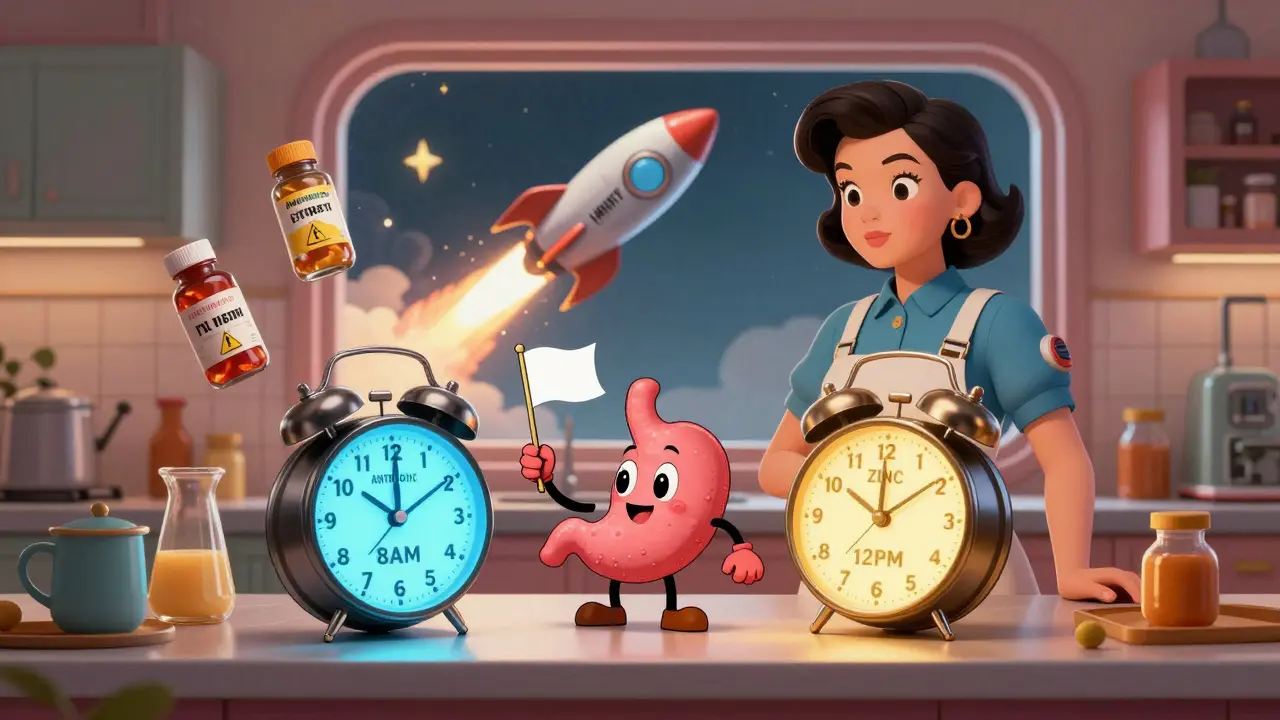 1960s kitchen with alarm clocks for antibiotic and zinc, a waving stomach, and floating warning bottles.