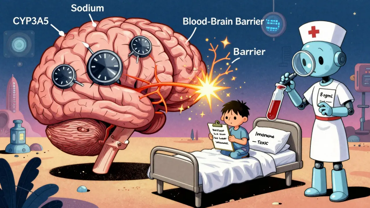 A brain control room with dials for genetics and sodium, sparks flying as a patient stands on a floating bed, monitored by a robot nurse.