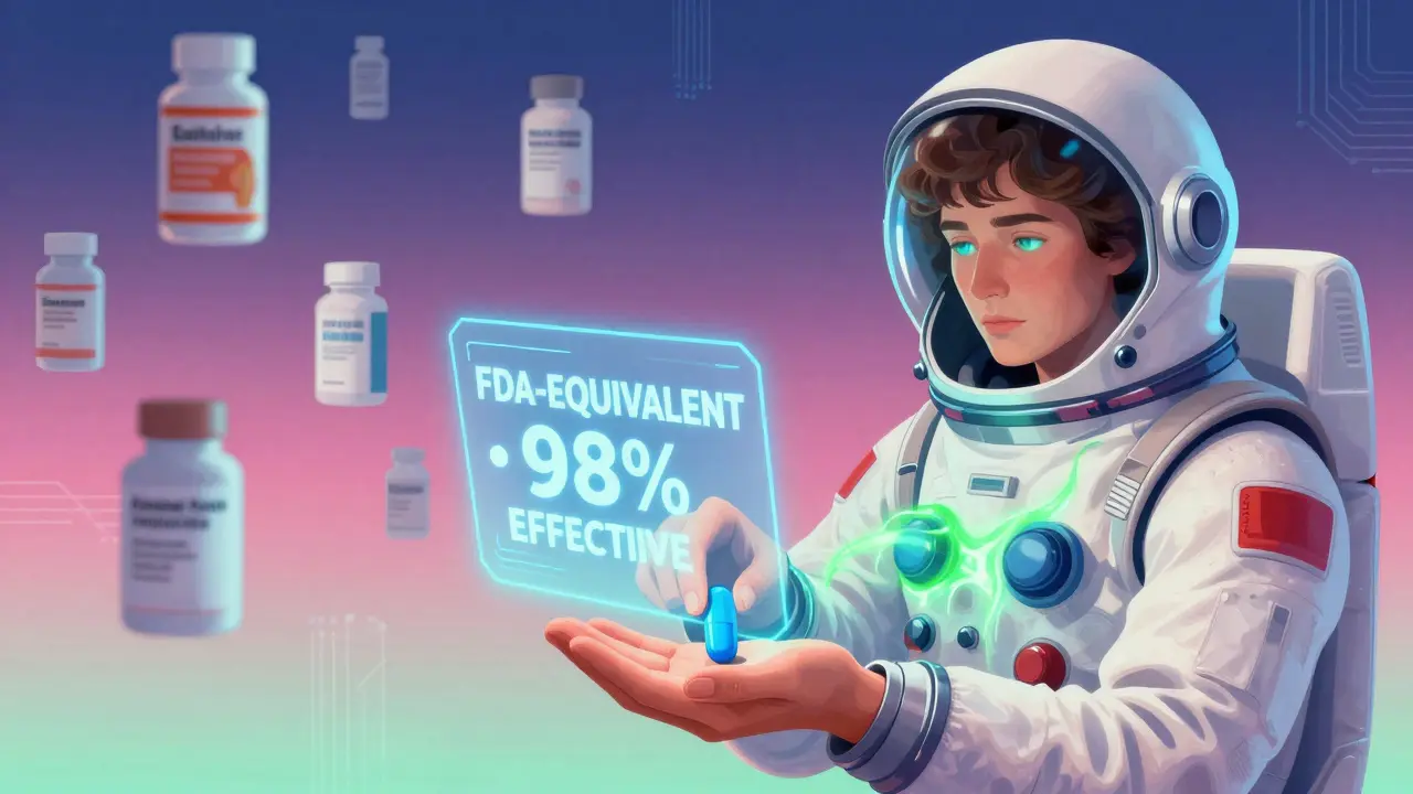 A doctor gives a simple generic pill with a hologram confirming its equivalence, calm energy flowing around the patient.