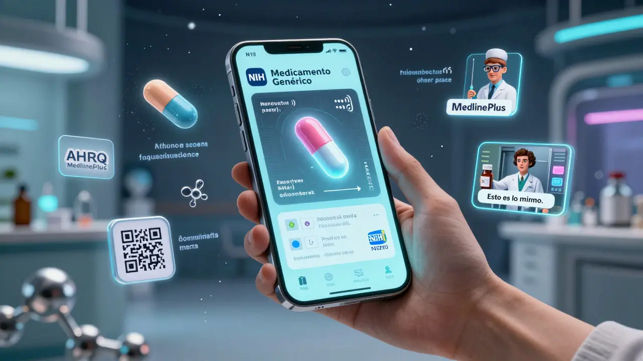 A holographic app displays 3D pill models and Spanish pronunciations above a patient's hand, surrounded by trusted health icons.