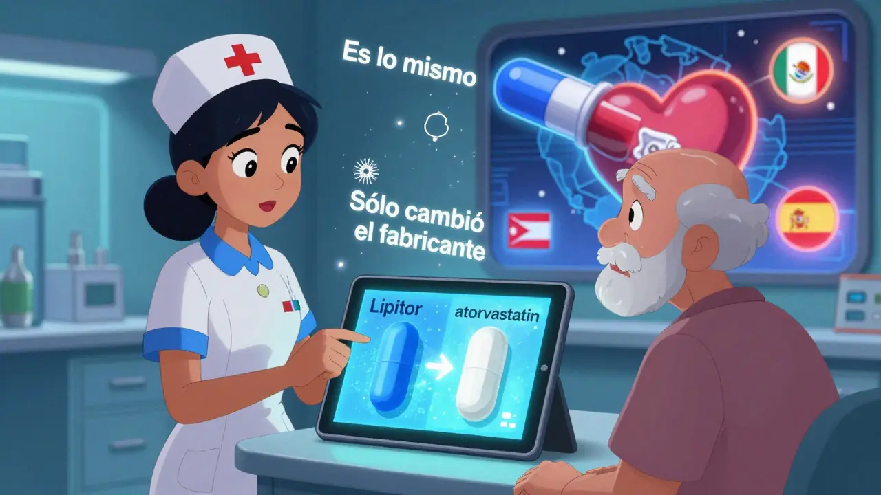 A nurse shows an elderly patient animated pills morphing on a screen, with floating Spanish phrases about medication equivalence.