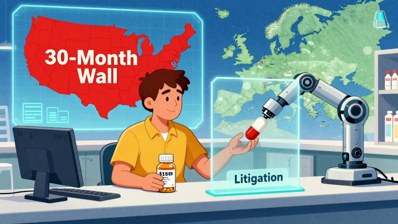 A patient reaches for a cheap generic pill but is blocked by a litigation force field.