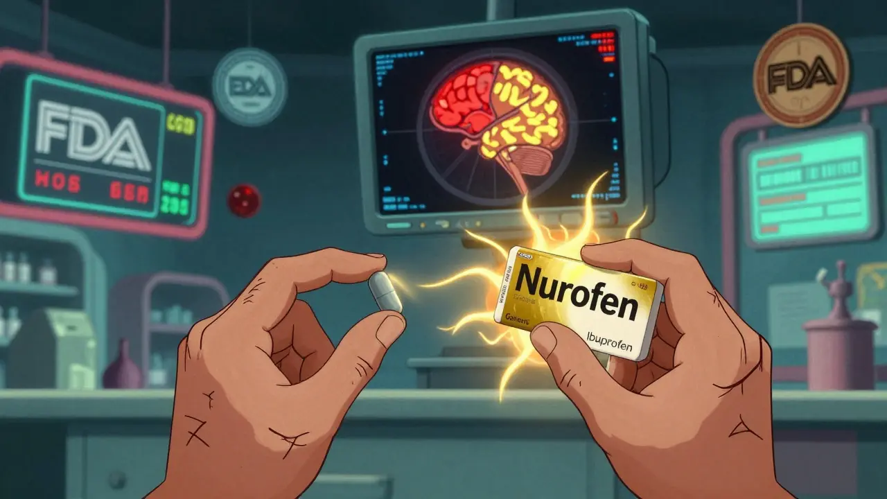 A patient reacts to identical pills—pain radiates from the generic, healing energy from the branded one.