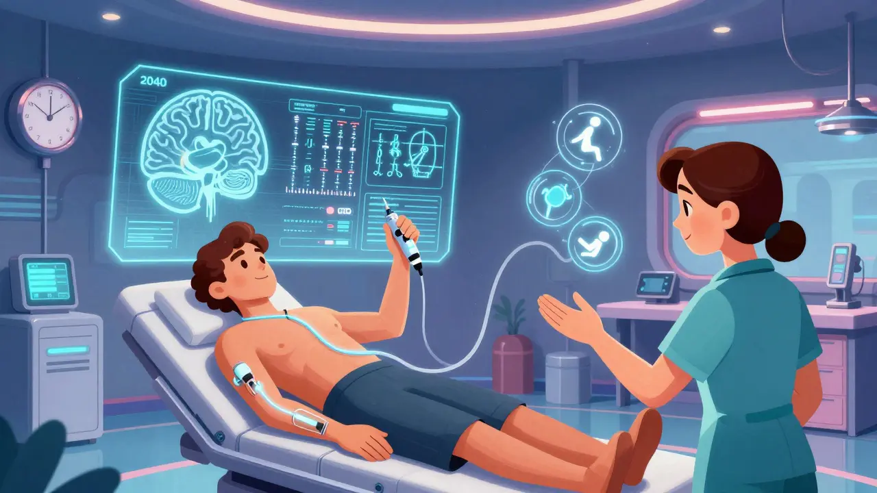 A patient with a dopamine pump in a futuristic clinic, surrounded by holograms of therapy and time progression.