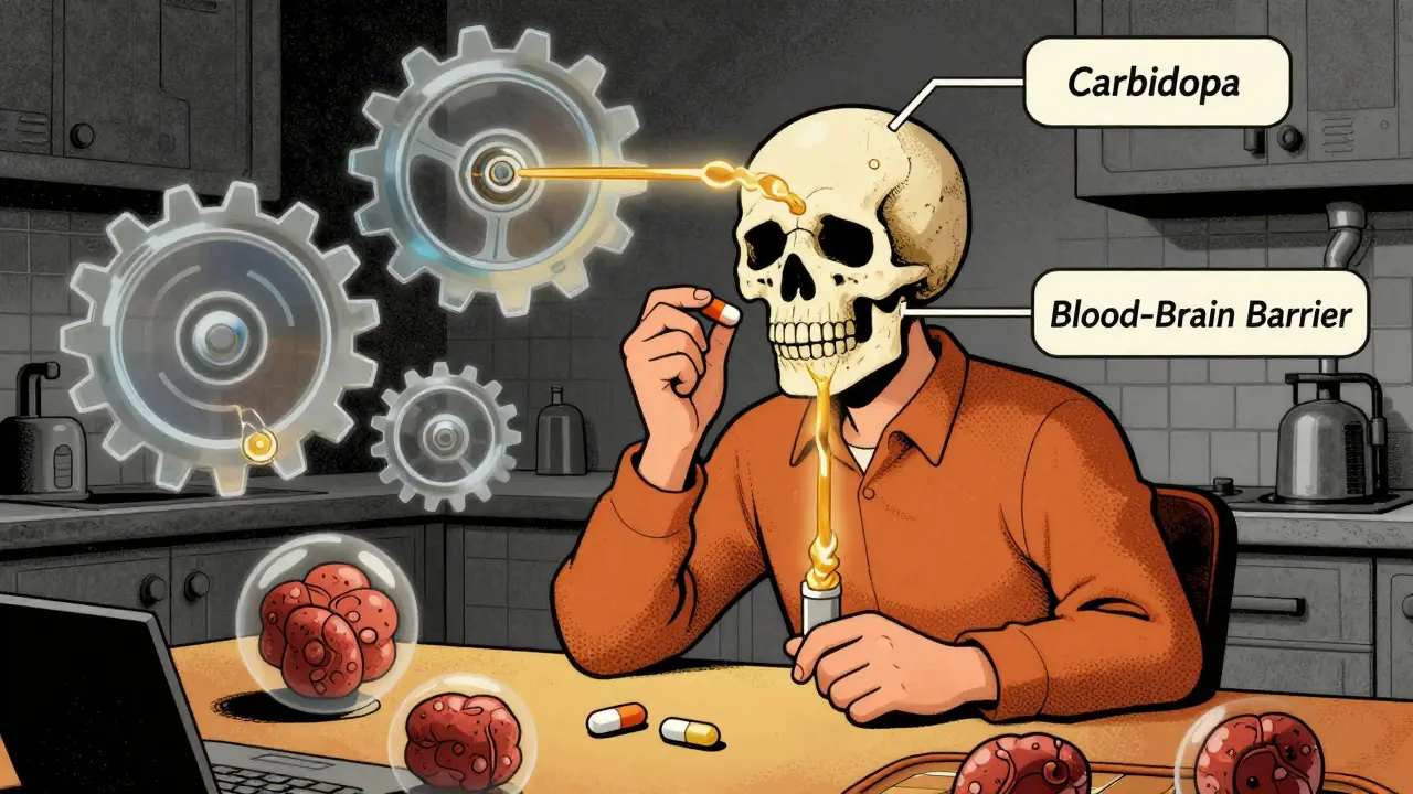 A person taking levodopa as mechanical systems channel dopamine into the brain, with protein blocks obstructing absorption.