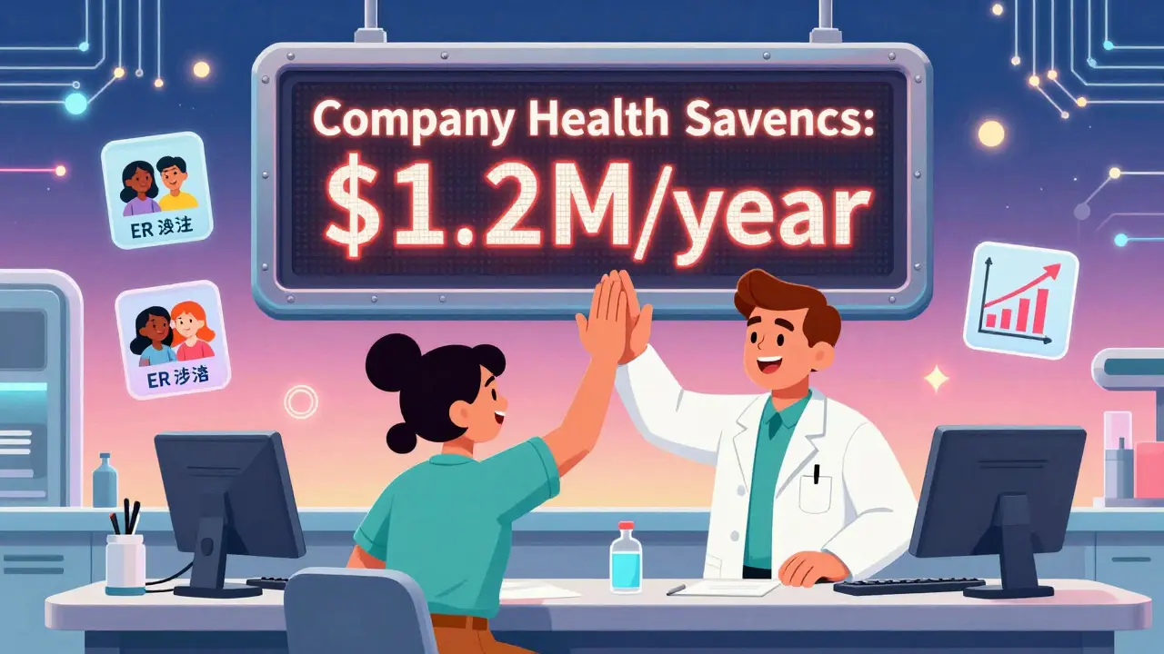 A pharmacist celebrates with an employee as a digital scoreboard shows massive healthcare savings from switching to generic medications.