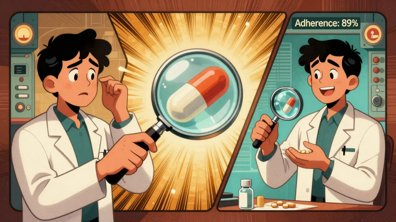 A pharmacist examines a transparent generic pill revealing its identical structure to a brand-name drug, with split-screen comparisons of employee outcomes.