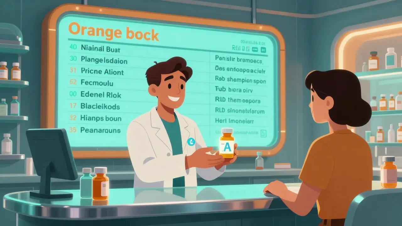 A pharmacist handing a generic pill to a customer with a glowing 'A' code on a neon-lit counter.