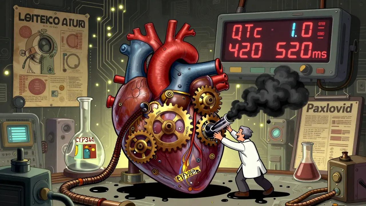 A steampunk-style heart with clogged CYP enzyme gears, smoke from Paxlovid, and rising QTc readout.