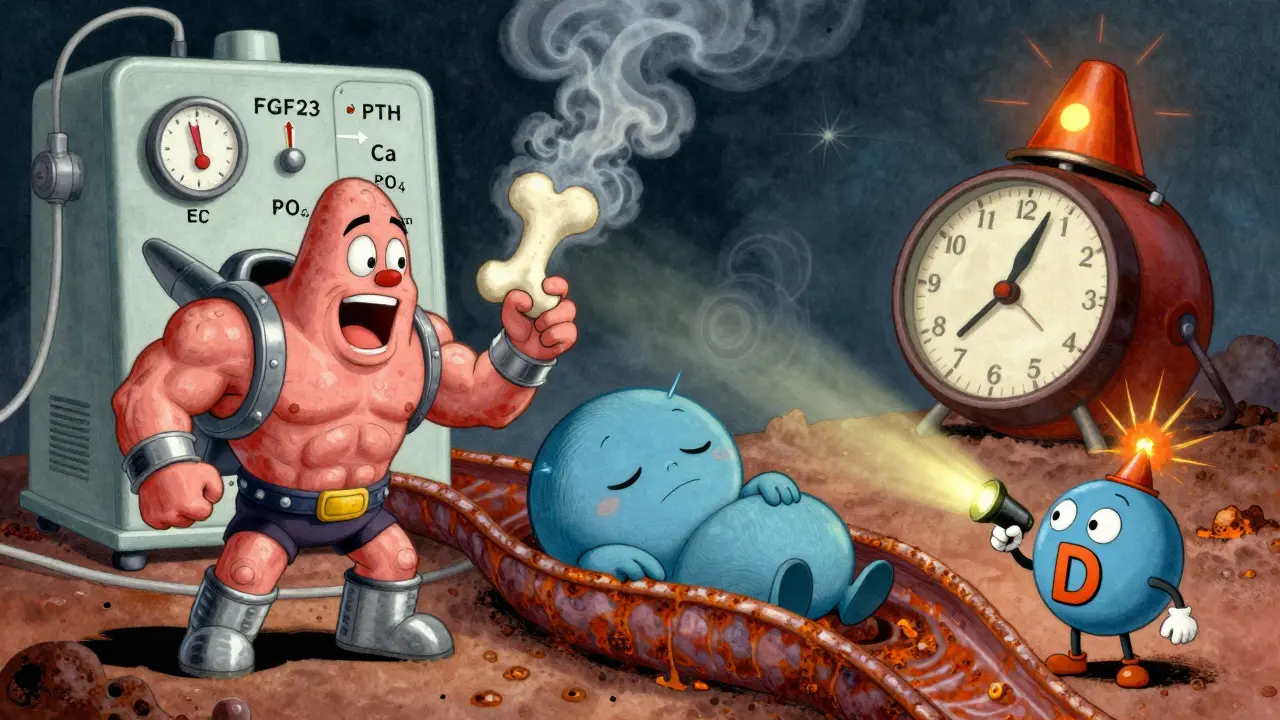 Cartoon PTH gland shouting at a deaf bone, with calcium in a calcified artery and vitamin D trying to wake them up in a sci-fi dialysis lab.