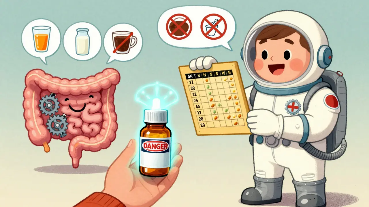 Child reaching for iron pill as a pharmacist holds up a timed supplement schedule with warning holograms.