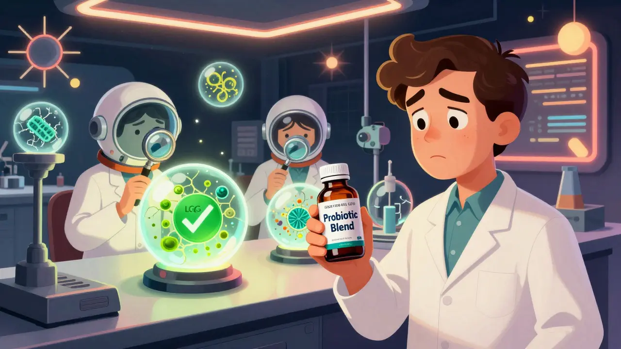 Consumer holding generic probiotic bottle next to high-tech lab verifying effective strains