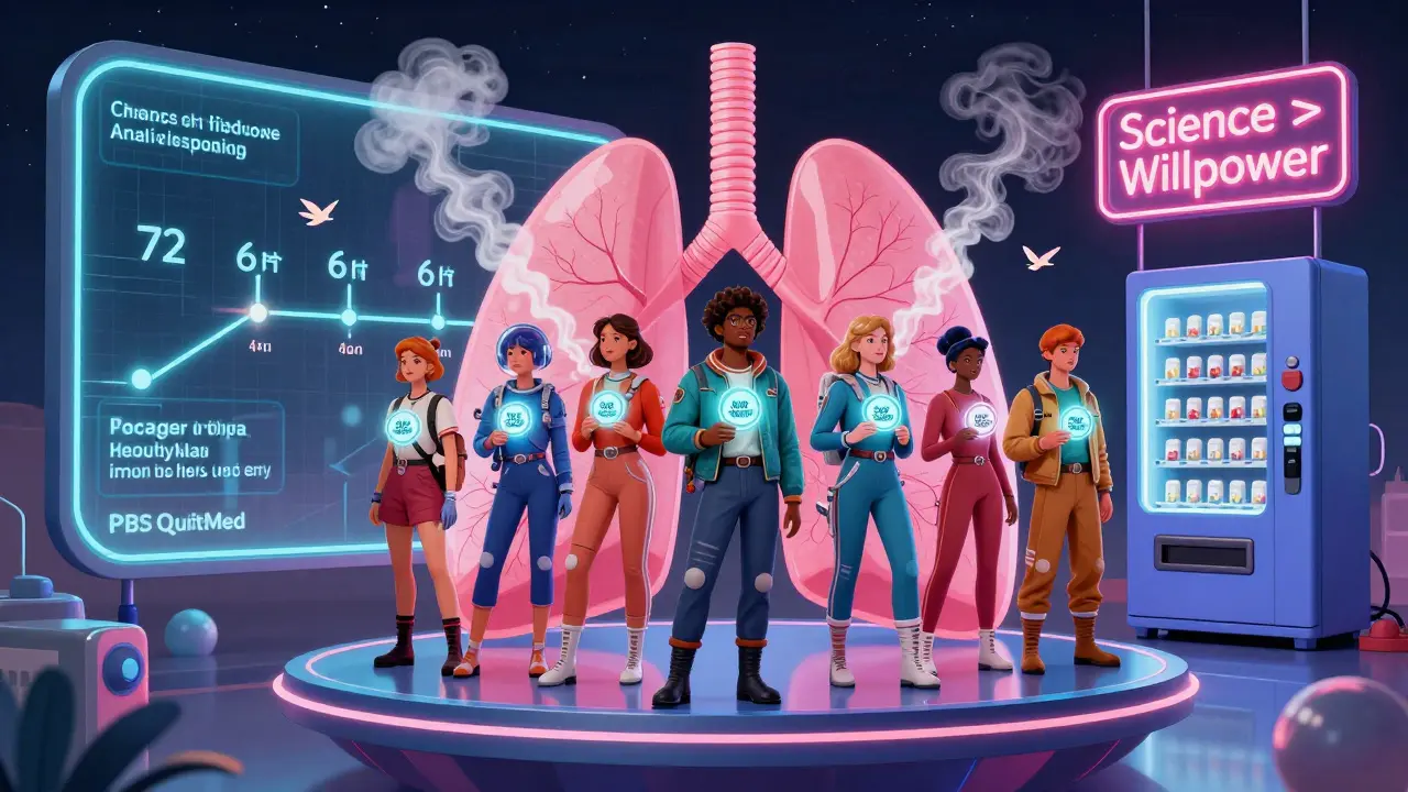 Diverse people on a lung-shaped platform holding quit badges, with a lung recovery timeline and a futuristic medication dispenser.