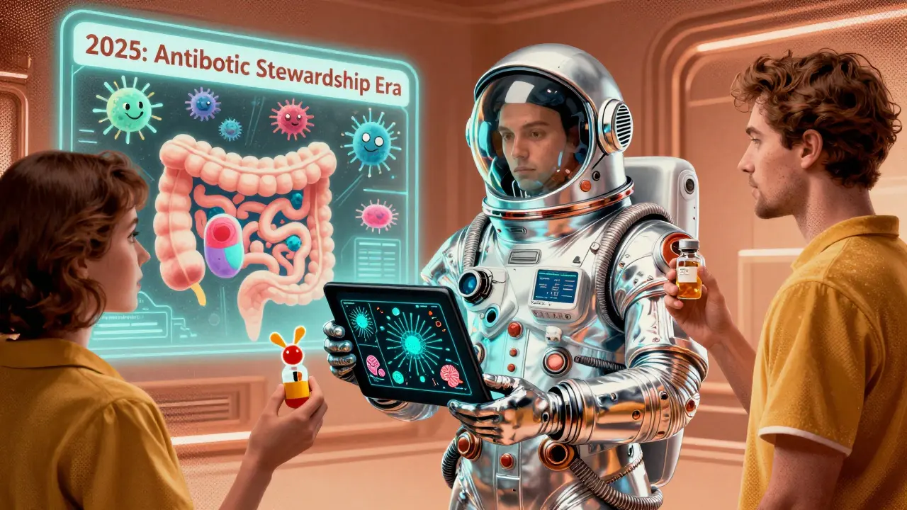 Doctor and patient with FMT capsules in retro-futuristic medical setting.