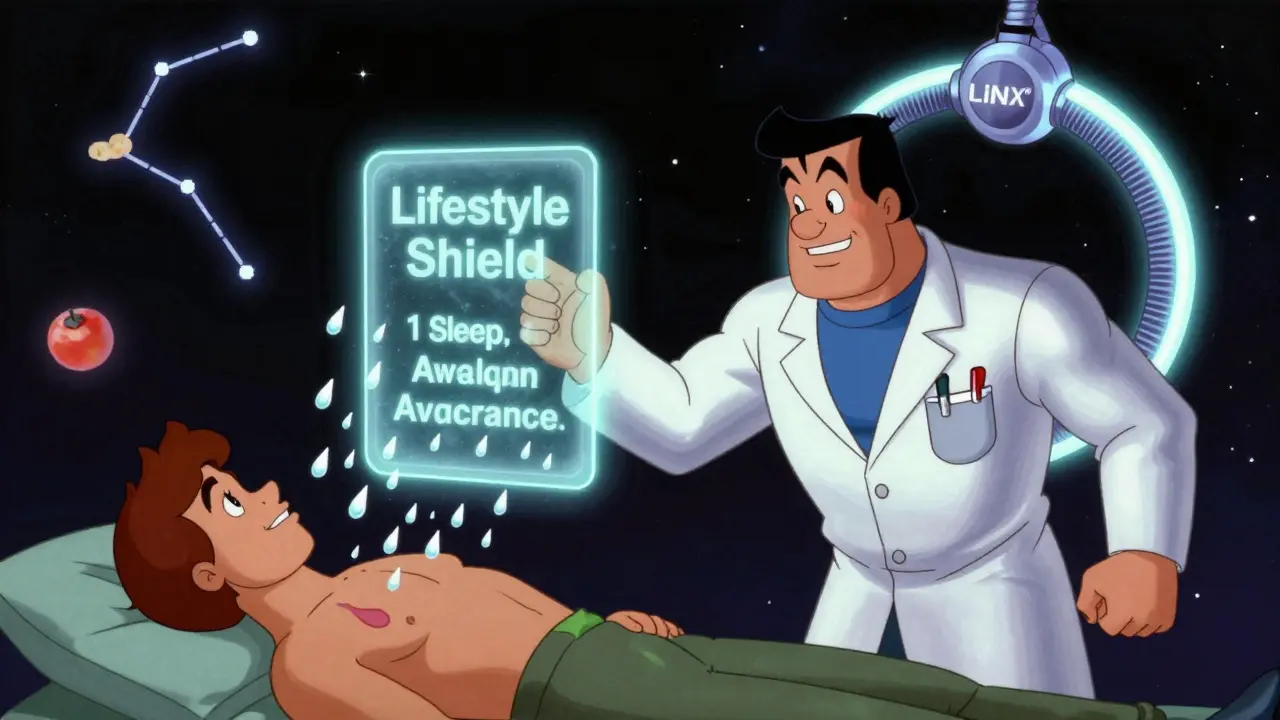 Doctor using lifestyle shield to block acid, with LINX device glowing nearby