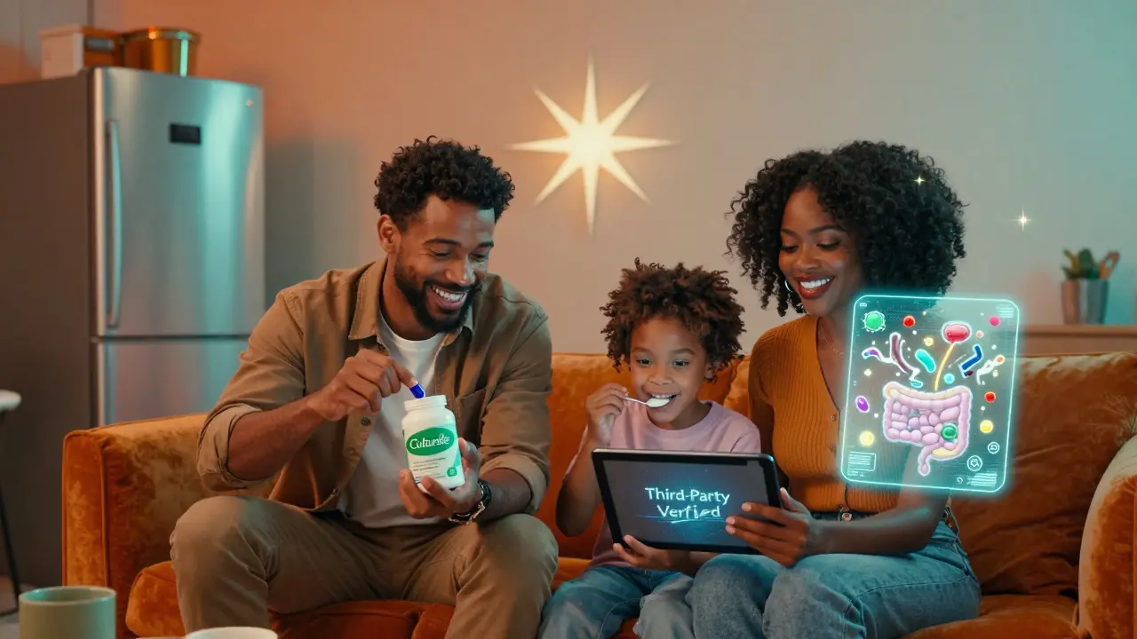 Family in 1960s-style home taking probiotics with glowing gut bacteria hologram