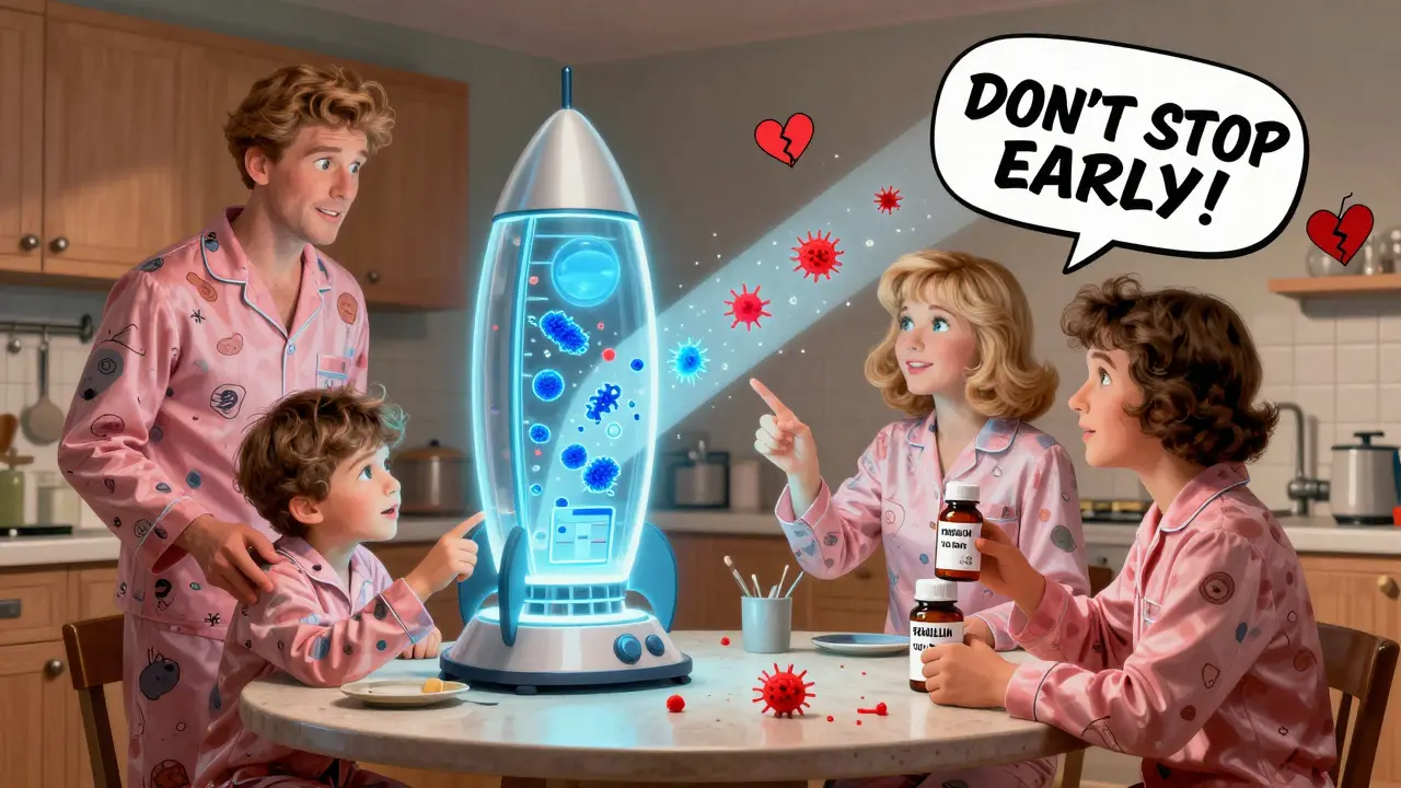 Family watching a rocket-like PCR test separate healthy cells from strep bacteria.