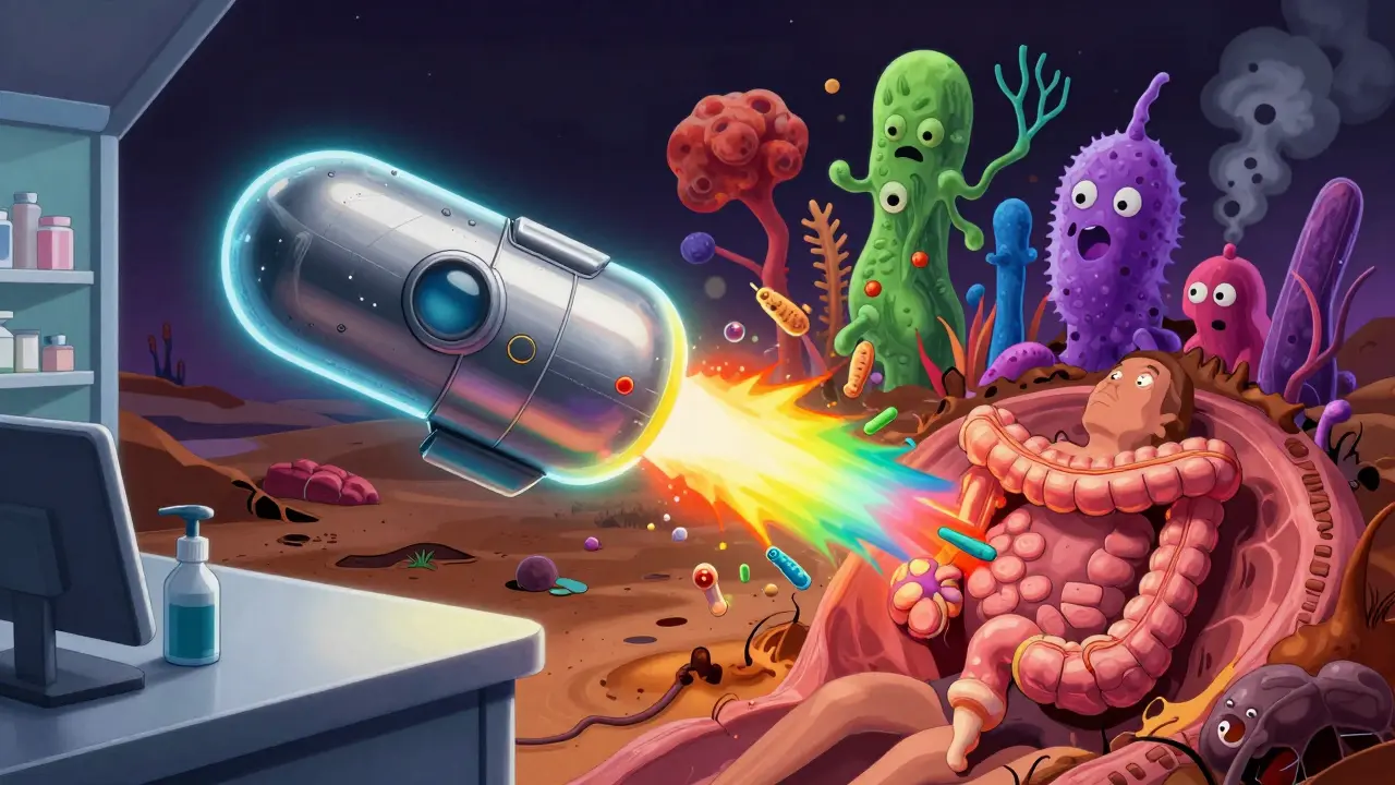 Fecal transplant capsule launching like a rocket to restore gut microbiome.