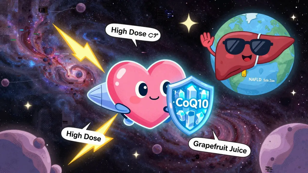 Heart-shaped spaceship flying safely through cholesterol nebula, shielded by CoQ10 crystals.