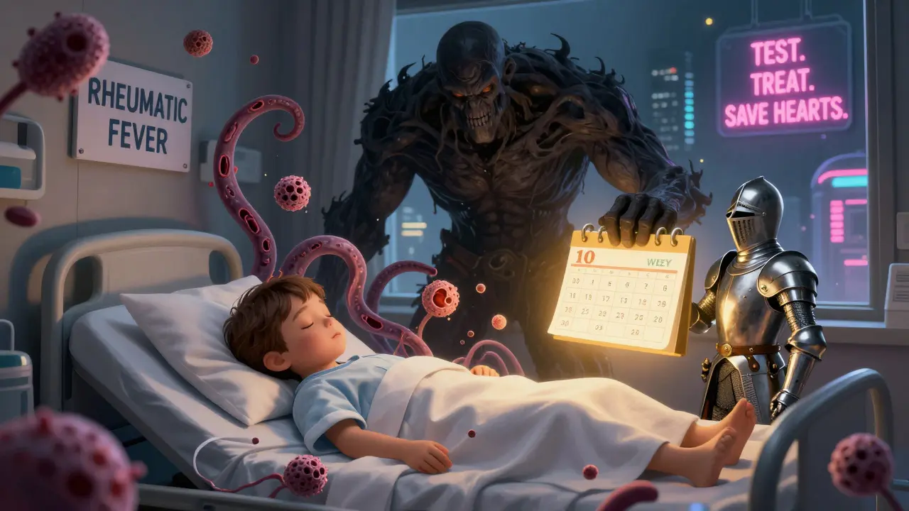 Monster called Rheumatic Fever threatening a child as a knight in penicillin armor guards the bed.