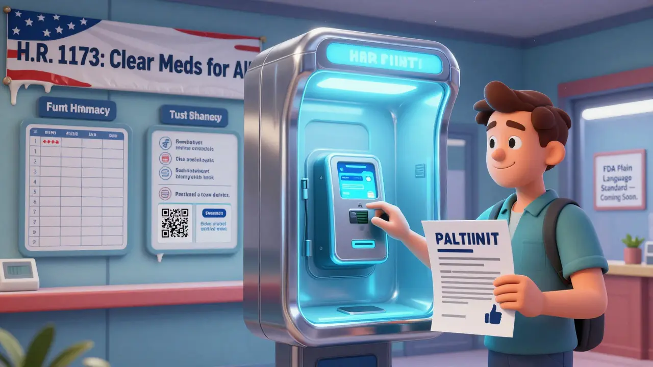 Patient filing a complaint at a futuristic rights kiosk as pharmacies transform to clearer labels.