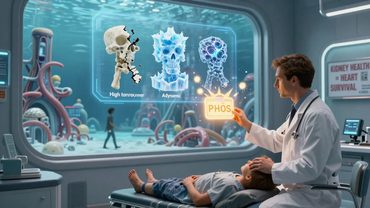 Patient holding a food label with exploding phosphates, surrounded by holograms of three bone diseases in a retro-futuristic clinic.
