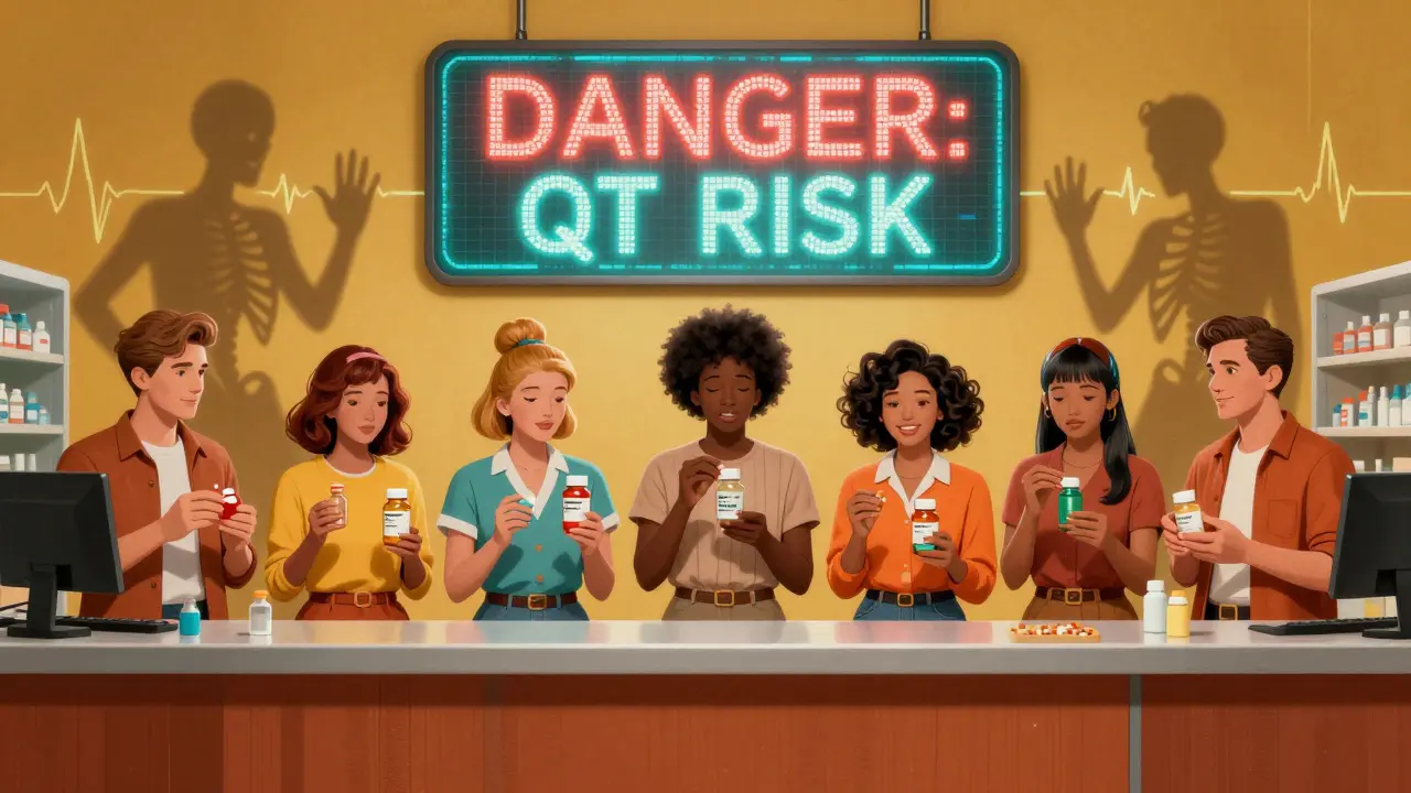 Patients at a pharmacy with holographic QT risk warning, their shadows turning into skeletal figures.