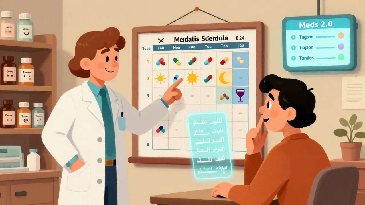 Pharmacist and patient reviewing a visual schedule with holographic language translations.