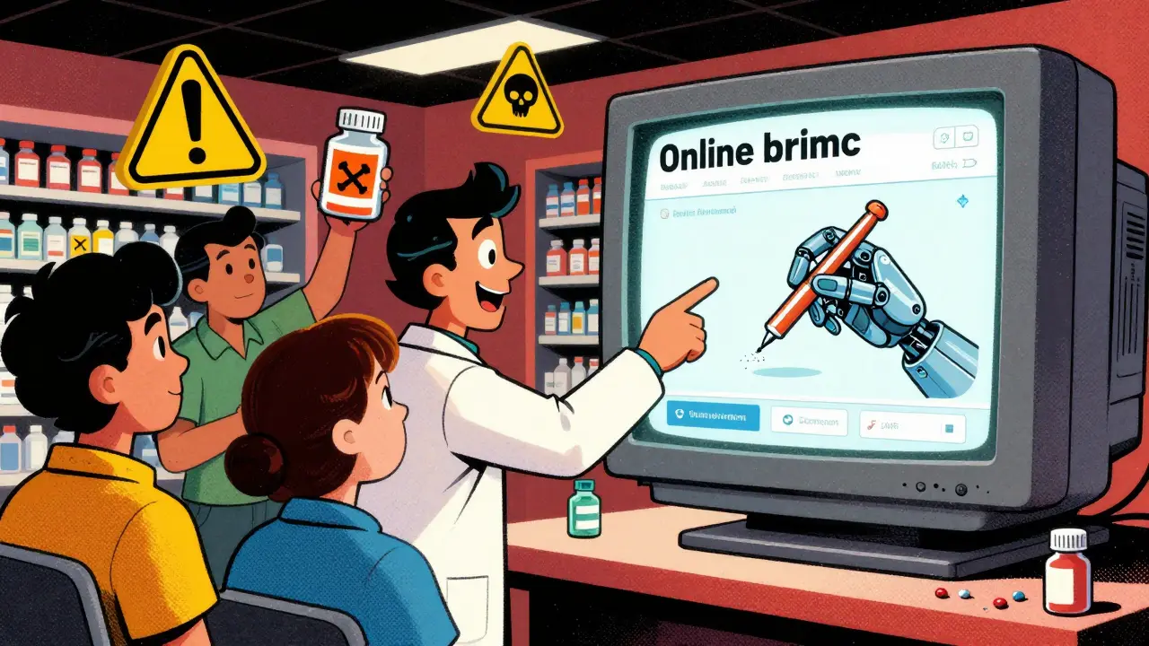 Pharmacist pointing at a CRT screen showing a robot delivering fake insulin, surrounded by cartoon warning symbols in a vibrant 80s-style pharmacy.